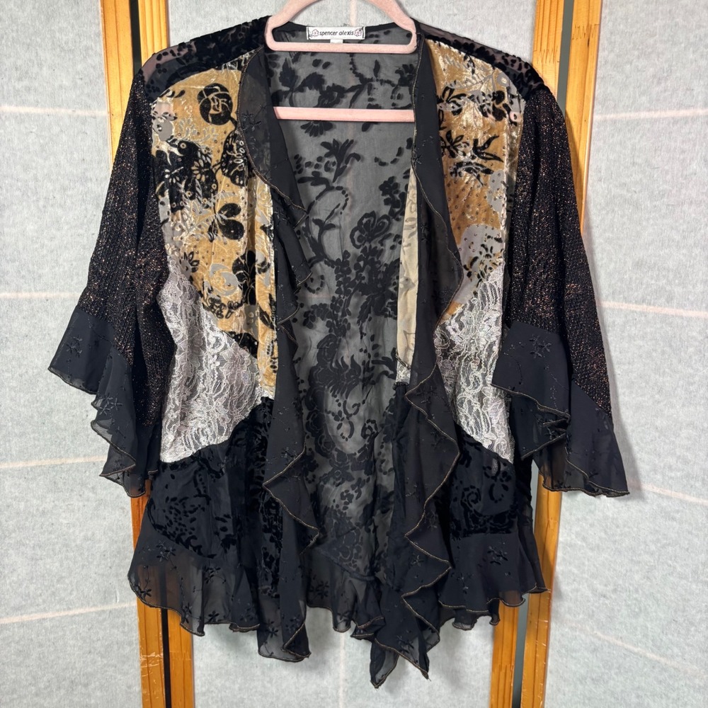 Spencer Alexis Cardigan L Black Gold Patchwork Velvet Lace Ruffle Whimsigoth VTG